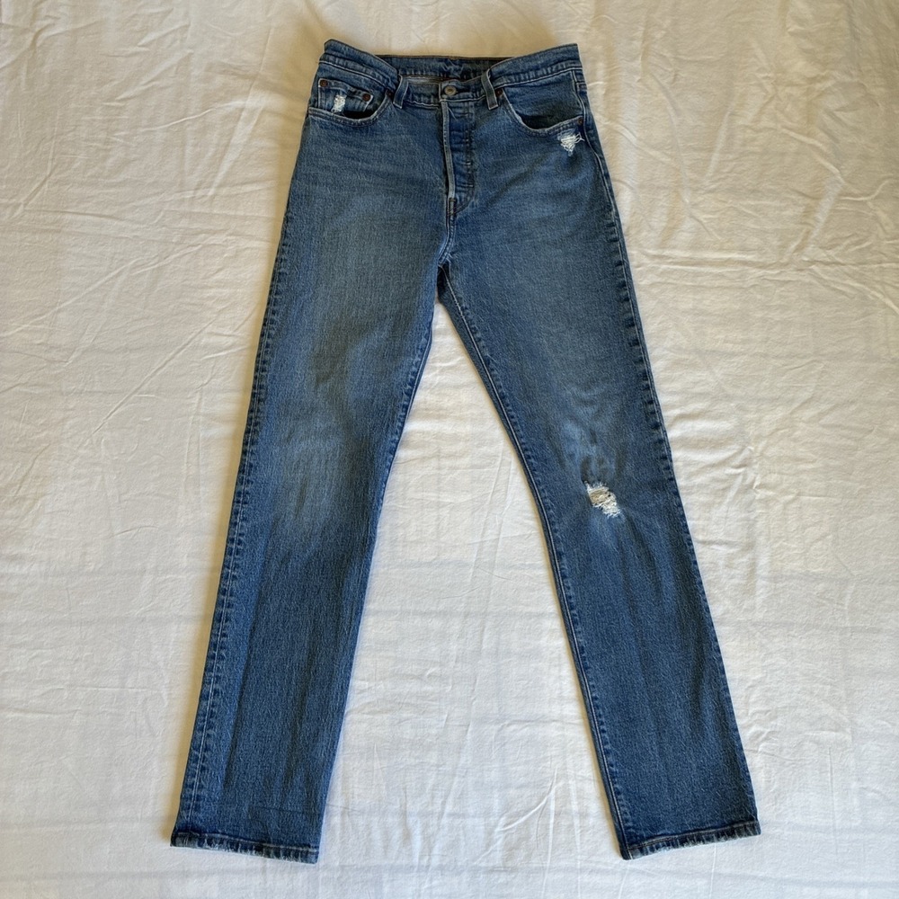 Levis 501 Jeans Womens 29x32 Stretch Medium Wash Denim Holes Straight Button Fly